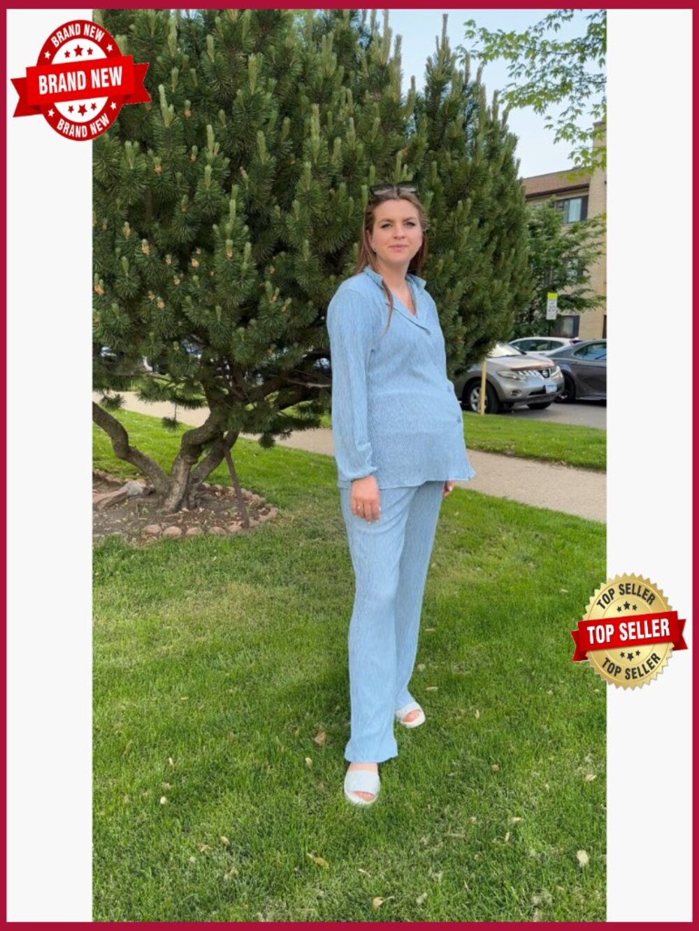 90s Boho 2 Piece Wide Leg Pants Set Button Down Shirt Tracksuit Trendy Daily - Picture 7 of 7